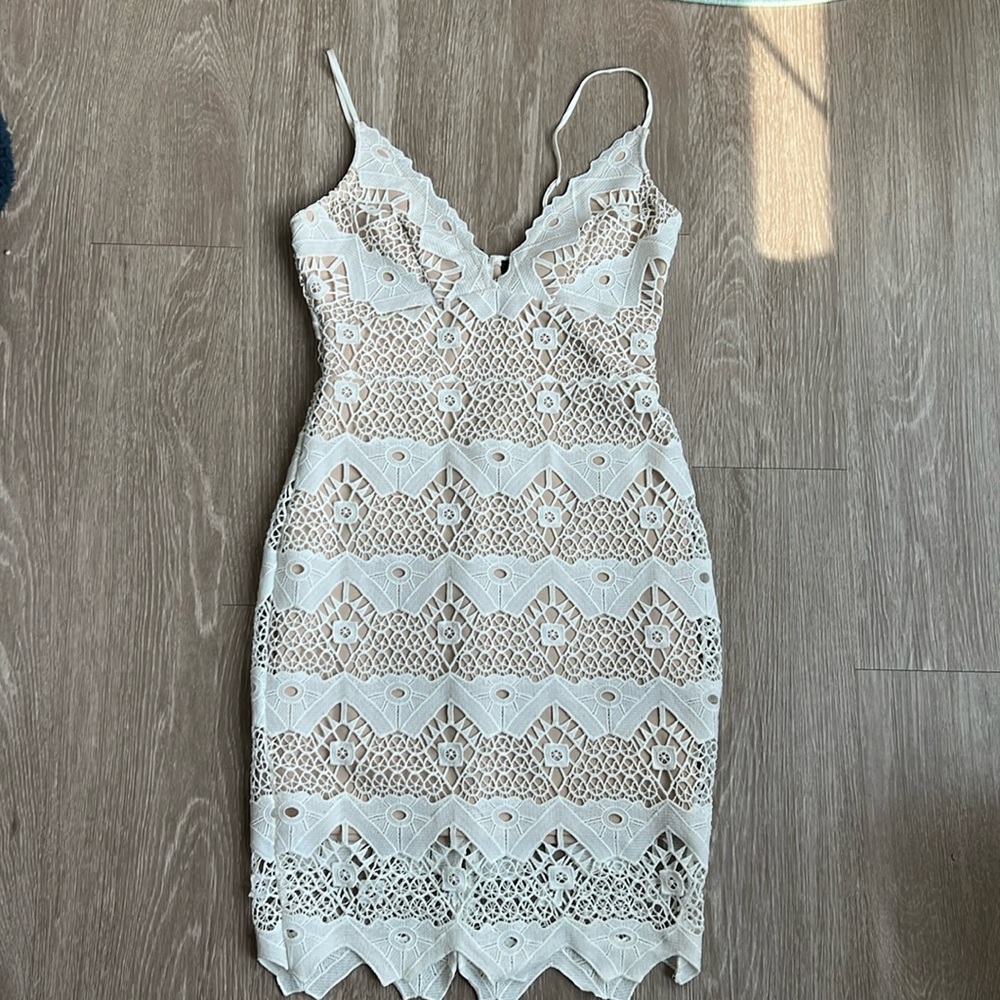 White/nude large lace semi formal dress